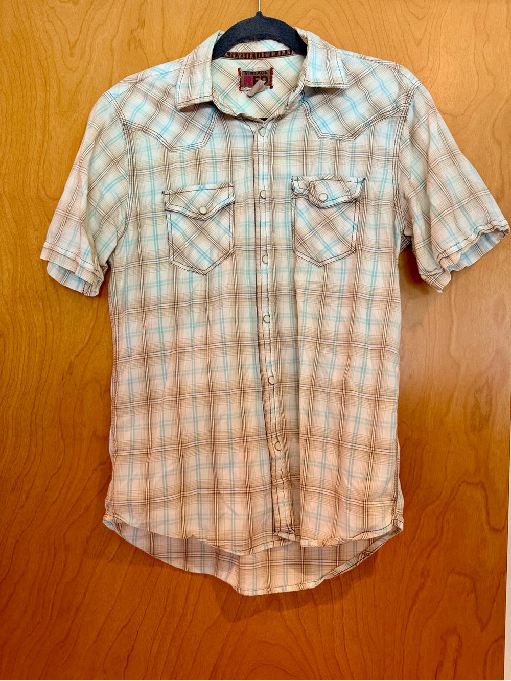 Vintage Red Plaid Short-Sleeve Button-Down Shirt - Beige & Light Blue